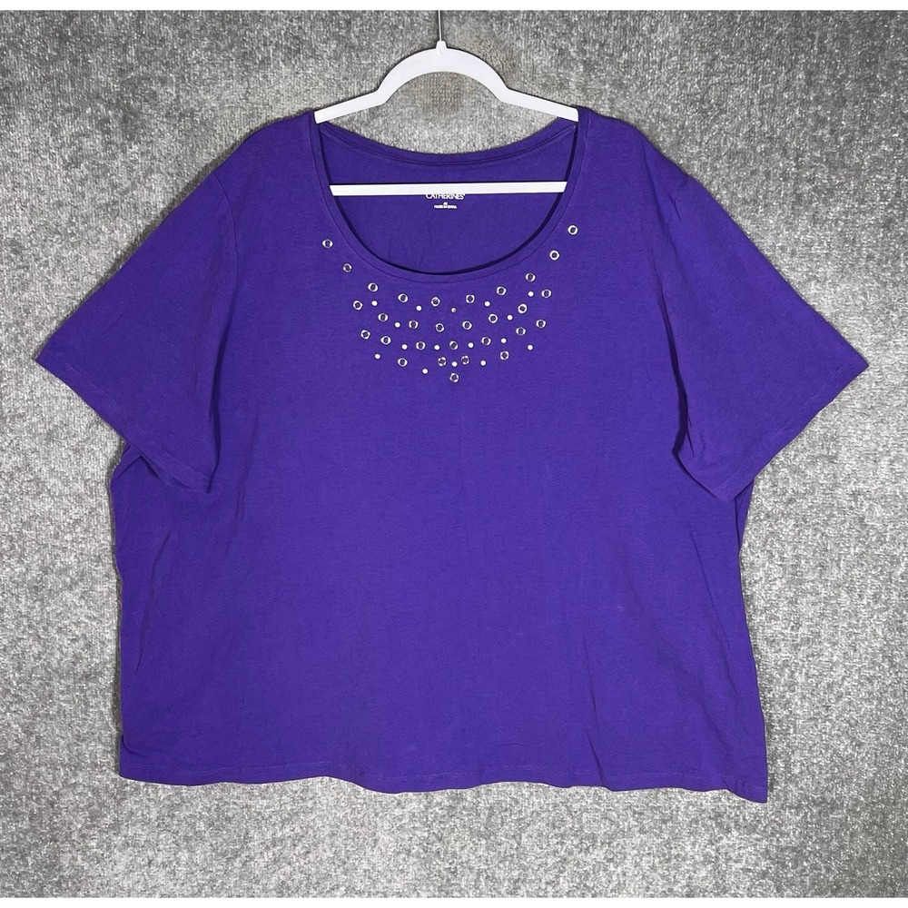 Catherines Grommet Studded Top Womens Size 4X Purple Cotton Stretch Short Sleeve